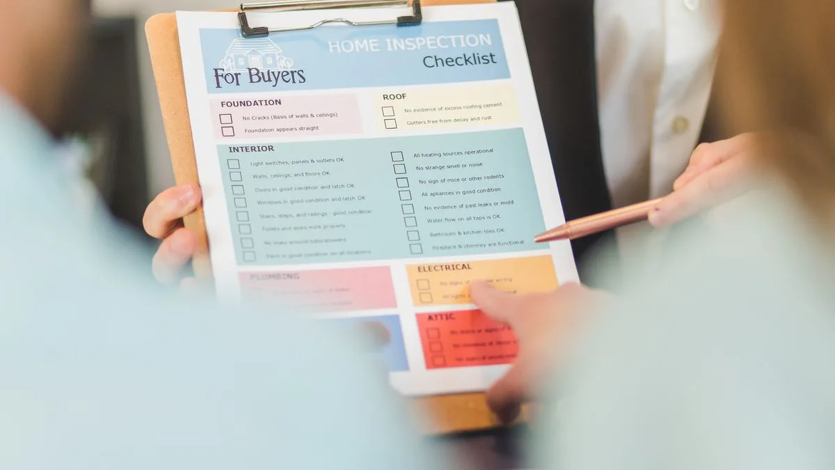 A home inspection checklist on a clipboard being reviewed by buyers