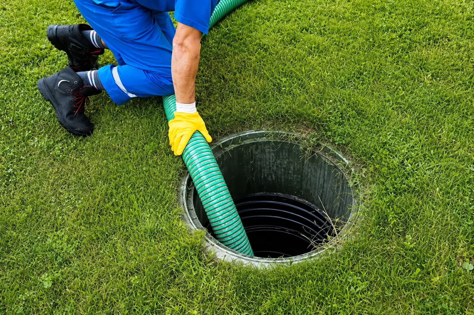 Technician feeding a pump hose into a septic tank riser